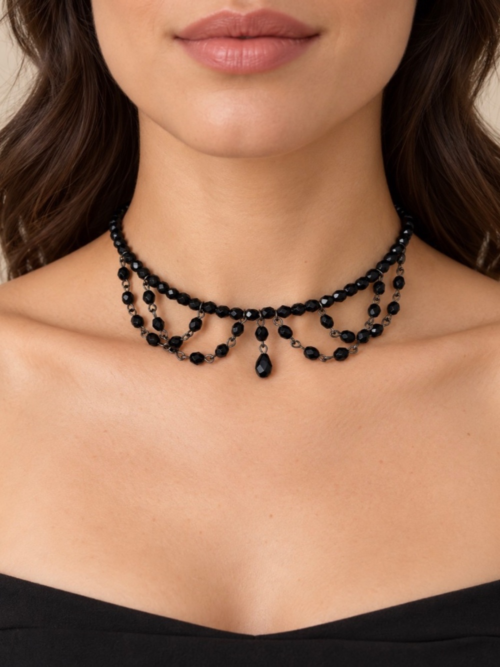 Vintage Victorian-Style Glass Beaded Festoon Choker Necklace Teardrop Accent